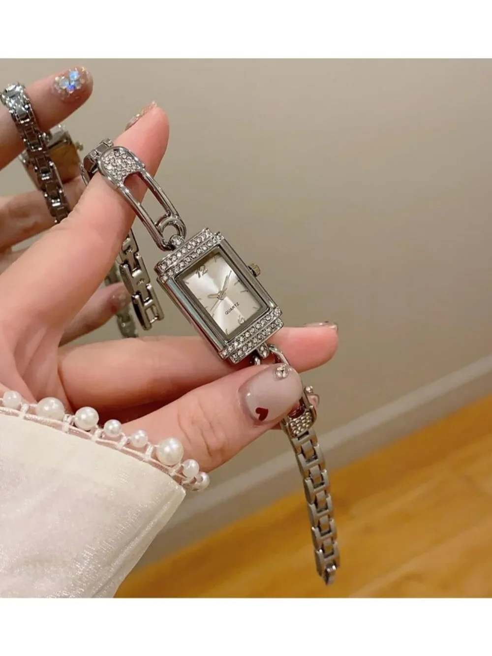 Women's Silver White Vintage Rectangular Bracelet Luxury Crystal Quartz Watches